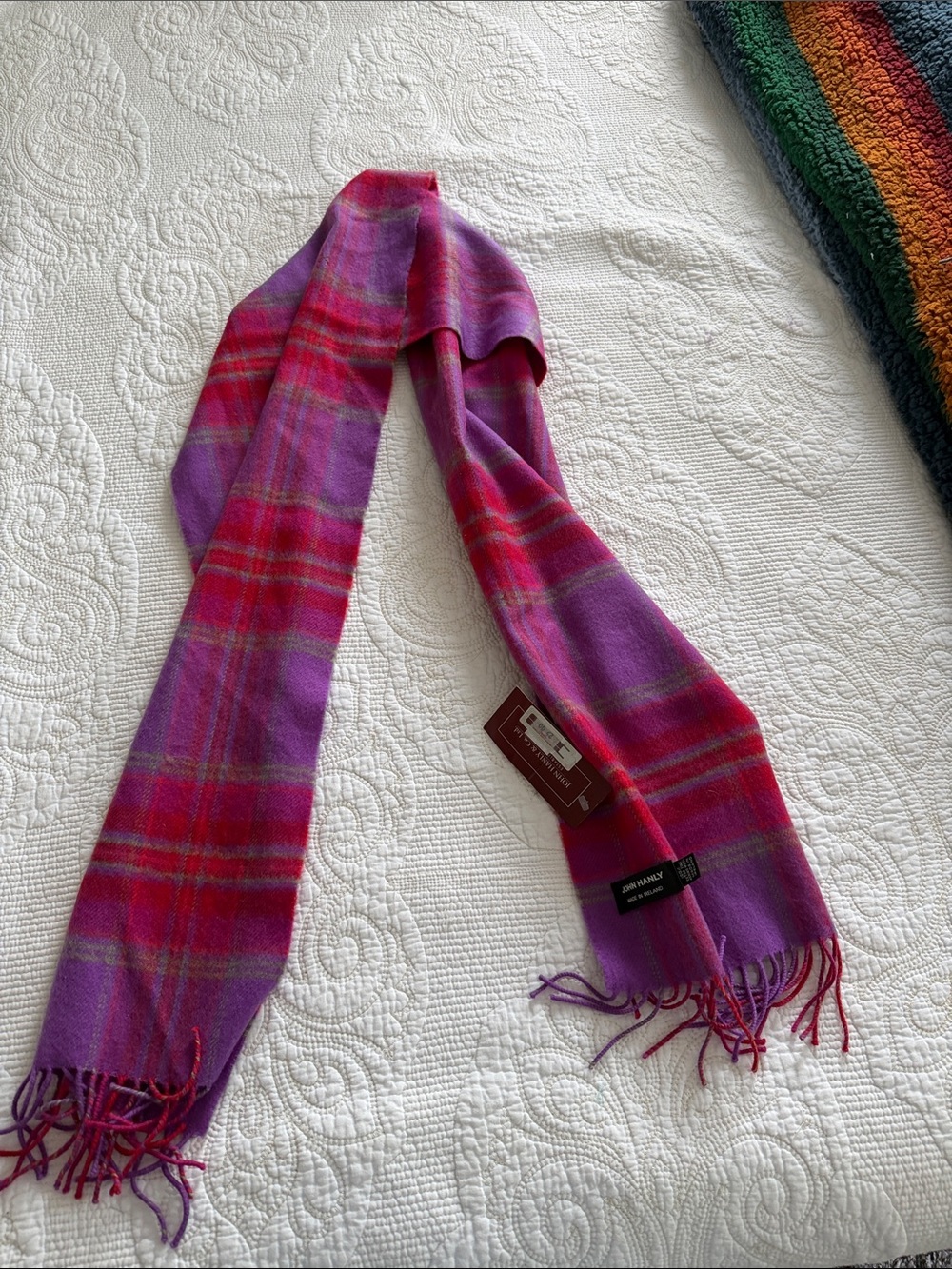 John Hanly NWT Merino Wool Plaid Scarf Red Purple Irish Made
